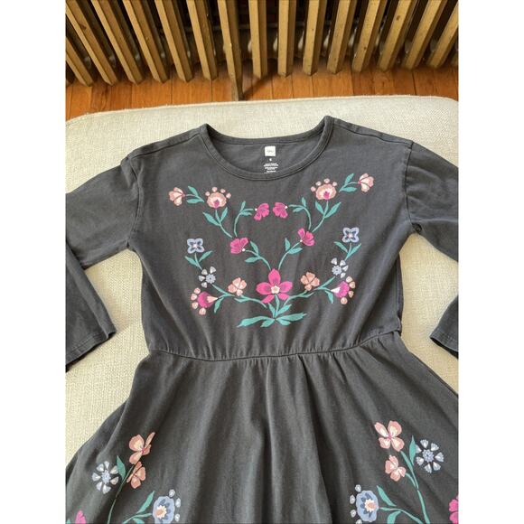 Tea Collection Nordic Floral Long Sleeve Gray Cotton Skater Dress Girls 6 Small - Picture 3 of 9